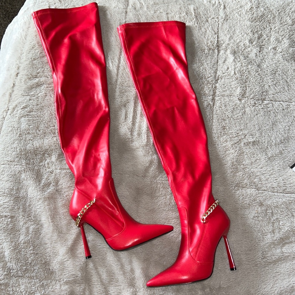AZALEA WANG CHAINS ON CHAINS STILETTO BOOT IN RED